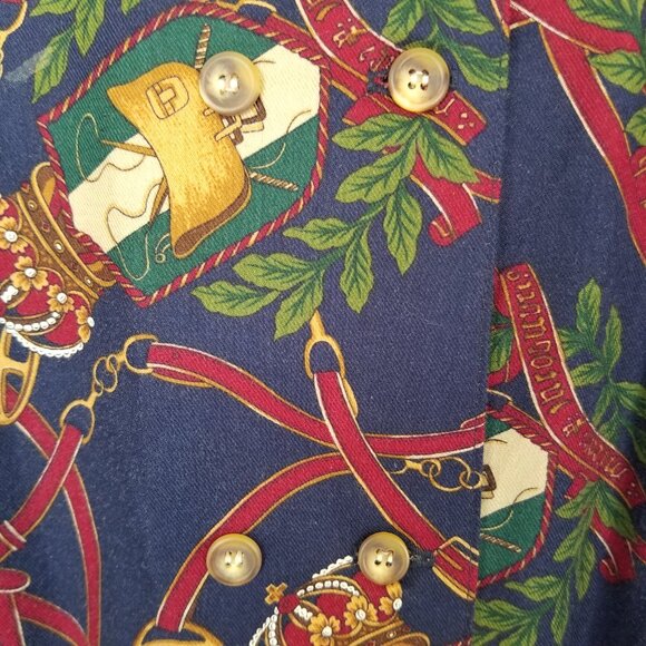 Vintage Equestrian Print Blouse Top Size 12 Long Sleeves Double Buttons - Picture 12 of 13